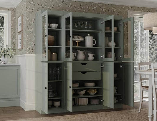 Palace Imports 100% Solid Wood Kitchen China Pantry Cabinet, 65" W - 4 Clear Glass & 4 Shaker Doors, Renewable Eco-Friendly Wood, Made in Brazil (Sage, 8 China/Shaker Doors | 2 Drawers)