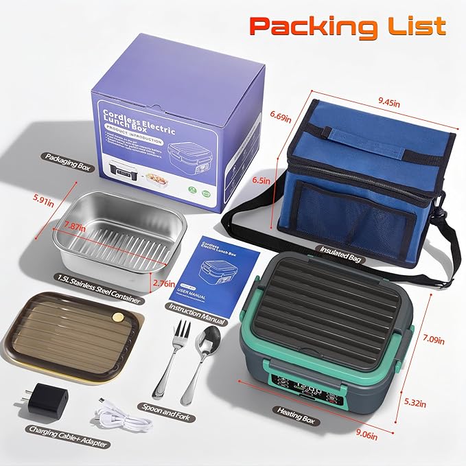 Cordless Electric Heated Lunch Box, XL 6.3Cups 20000mAh Rechargeable Food Warmer Lunch Box with Self Heating, Smart Timer, Adjustable Temperature, Leakproof, BPA Free, Removable Tray Divider