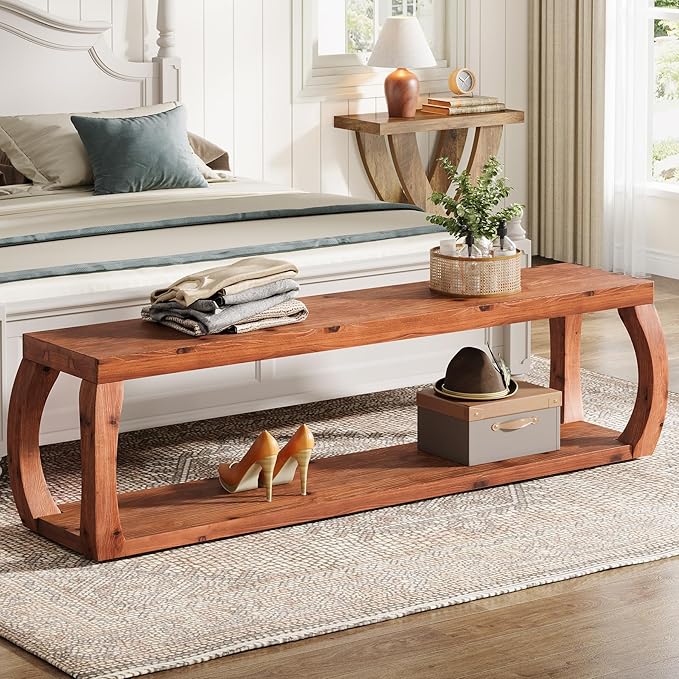 TRIBEWOOD 2-Tier Solid Wood Entryway Bench, 59" Long Farmhouse End of Bed Bench with Open Shelves, Rustic Shoe Storage Wooden Seating for Entry, Kitchen, Living Room, Bedroom, Hallway (Rustic Brown)