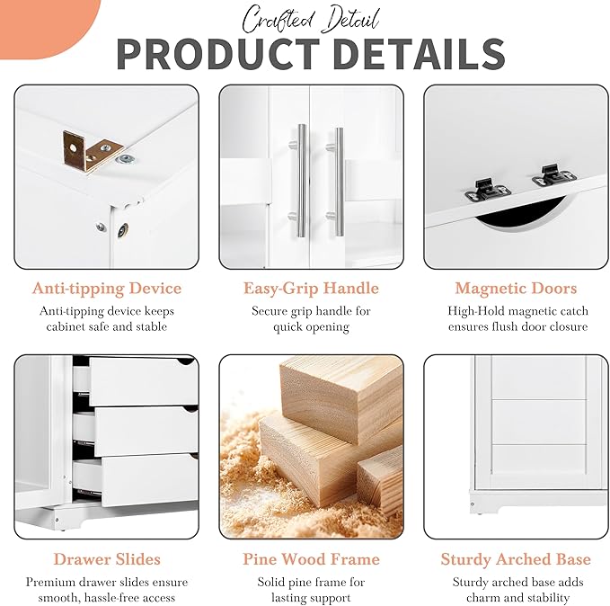 Zateety 73.2" Kitchen Pantry, Freestanding Kitchen Storage Cabinet Display Cabinet with Glass Doors and 4 Built-in Drawers for Living Room, Home Office, White