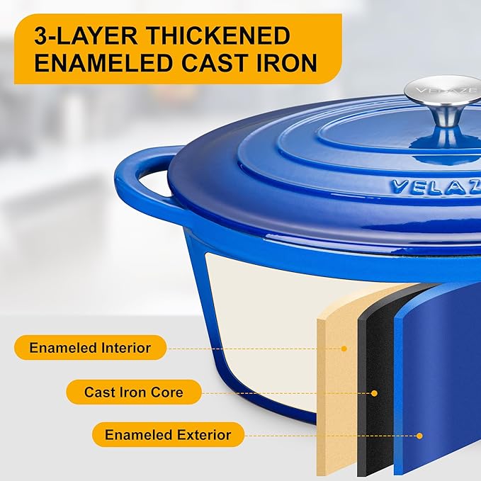 Velaze 7.5 QT Enameled Oval Dutch Oven Pot with Lid, Cast Iron Dutch Oven with Dual Handles for Bread Baking, Cooking, Frying, Non-stick Enamel Coated Cookware竊뉰lue)