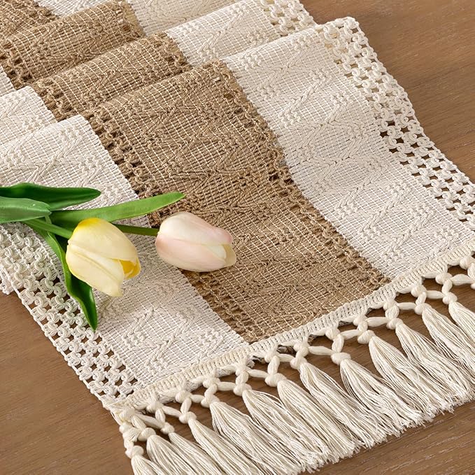Socomi Boho Table Runner Valentine's Day Farmhouse Rustic Dining Kitchen Centerpiece Decor Small Macrame Woven Cotton Linen Coffee Table Runner for Dresser Scarf Home Decor 12x90 inch