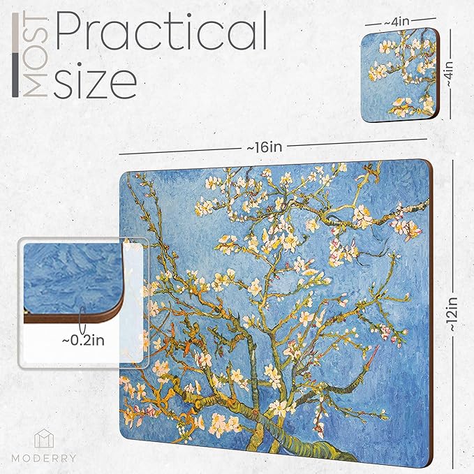 Moderry Set of 4 Heat Resistant Cork Placemats for Dining Table with Free Set of 4 Matching Drink Coasters Van Gough Blue Botanical Design 16 x 12 Inches Cork Backed Hard Placemats (Almond Blossoms)