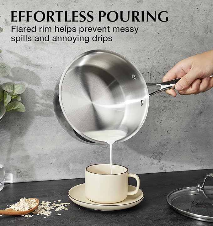 KOCH SYSTEME CS Triply Stainless Steel Saucepan, 3 Quart Stainless Steel Pot with lid, Large Cooking Pot, 3QT Sauce Pan with Stay Cool Handle, Induction Compatible Pot, Oven Safe 600째F