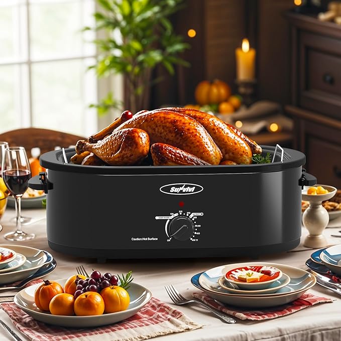 Sunvivi 20-Quart Roaster Oven with Self-Basting Lid, Electric Turkey Roaster Oven with Removable Pan and Rack, Stainless Steel, Black