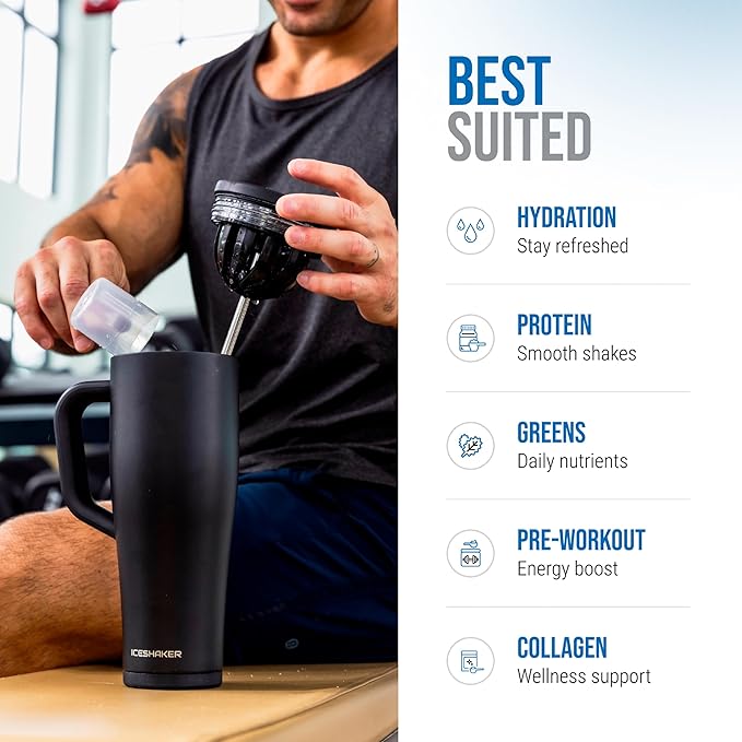 Ice Shaker 32 oz Tumbler with Handle and Straw | 32oz Black | Cold for 30+ Hours | 2-in-1 Tumbler Shaker Bottle | Odor-Free 32 ounce Bottle for Water, Protein Shakes, Smoothies, Cocktails