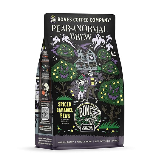 Bones Coffee Company Pear-Anormal, Caramel and Spiced Pear Flavored Coffee, Medium Roast Low Acid Arabica Beans Compatible with Auto drip and French Press Coffee Maker, 12 Oz Whole Bean