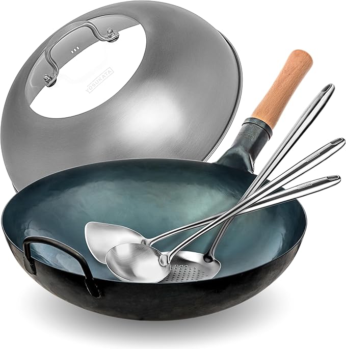 YOSUKATA Blue Round Bottom Wok Pan ??14" Woks and Stir Fry Pans + 17" Wok Spatula and Ladle Skimmer Spoon + Wok Lid 13.6 Inch