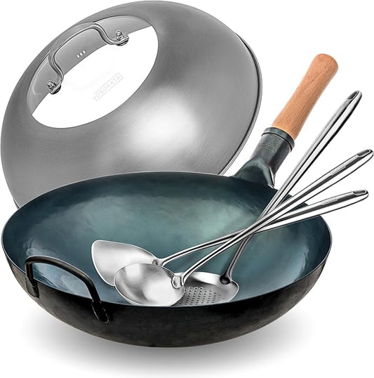 YOSUKATA Blue Round Bottom Wok Pan ??14" Woks and Stir Fry Pans + 17" Wok Spatula and Ladle Skimmer Spoon + Wok Lid 13.6 Inch