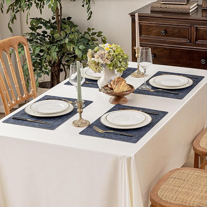 Romanstile Vinyl Placemats Set of 6-12 X 18 Inch - Heat Resistant Non-Slip Embossed Floral Place Mats 100% Waterproof Oilproof Wipeable Faux Leather Table Mats for Kitchen/Dining/Party, Navy Blue