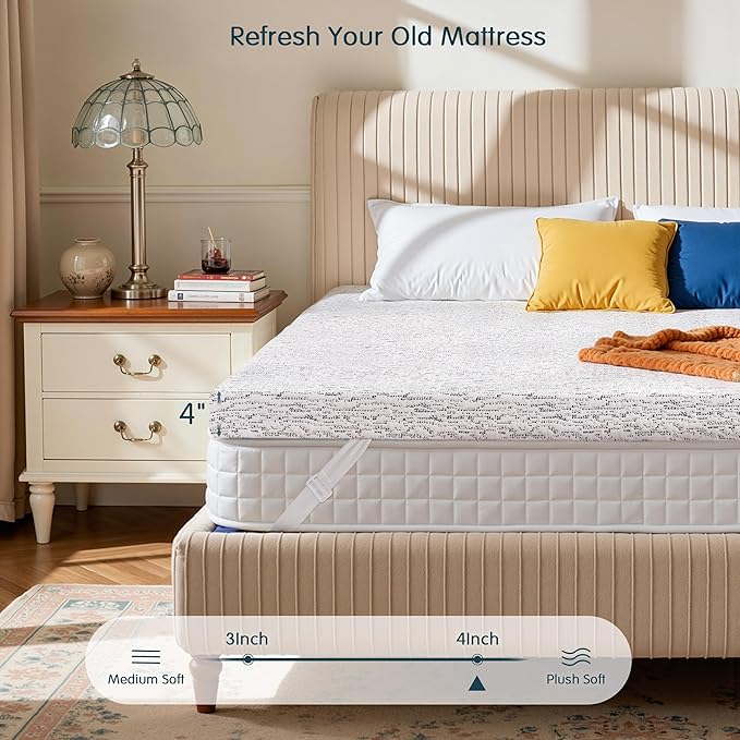 SyMax Queen Mattress Topper, Gel Infused Memory Foam Mattress Topper, 4 Inch Bed Topper with Cover, Soft Cooling and Pressure Relieving, CertiPUR-US Certified, Queen