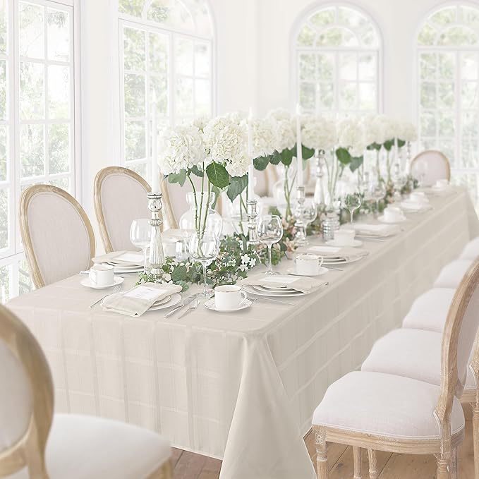 Newbridge 60 x 144 Inch Rectangle Fabric Tablecloth, Elegance Plaid, 100% Polyester, No Iron Soil Resistant Dining Room, Party and Banquet Table Cover, Solid Textured, Beige
