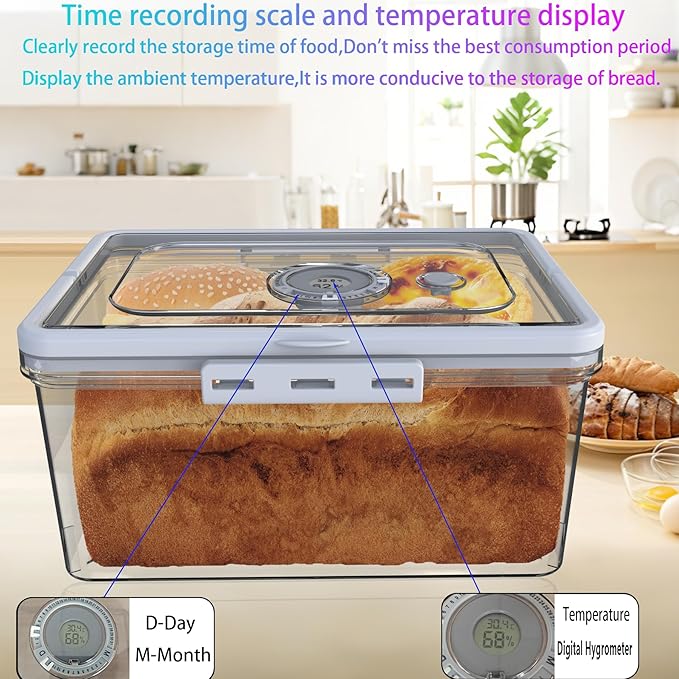 Bread Box With Digital Hygrometer, Portable Bread Boxes with Lid and Handle,New Upgrade Time Recording Bread Storage Container for Homemade Breads,Toast, Bagel, Donut and Cookies(Grey)