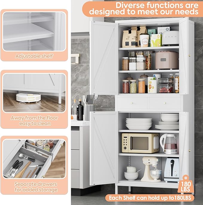 METAN Kitchen Pantry Storage Cabinet with 2 Drawers for Kitchen,Living Room,Metal Storage Cabinets with 4 Adjustable Shelves,Assembly Required,White