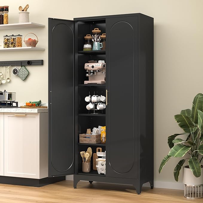 75??Tall Kitchen Pantry Cabinet,Metal Kitchen Storage Cabinet with Doors and Adjustable Shelves,Modern Hutch Cabinets,Freestanding Cupboard for Dining Room