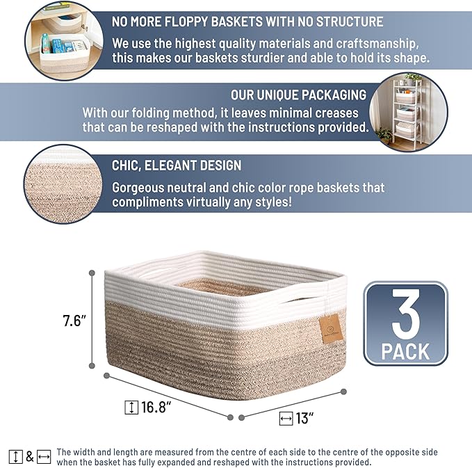 NaturalCozy Storage Baskets 16.8?쓝13?쓝7.6??Cotton Rope Woven Baskets for Organizing 3-Pack | Toy Storage Bins | Basket for Shelves, Laundry, Blanket, Clothes, Closet, Kitchen, Bathroom, Gifts