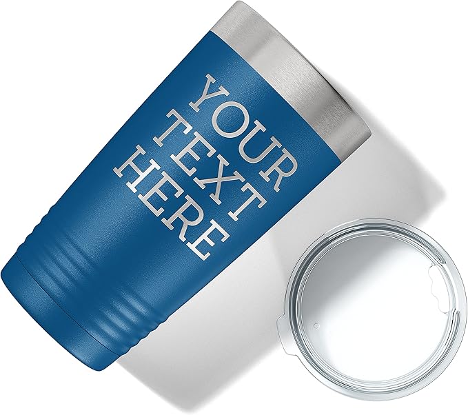 Personalized 20oz (17 Colors) Powder Coated Insulated Stainless Steel Tumbler with Lid, Custom Etched, Customized Text Message Name, Engraved Gift Idea Women Men Him Her, Your Text Here (Royal Blue)