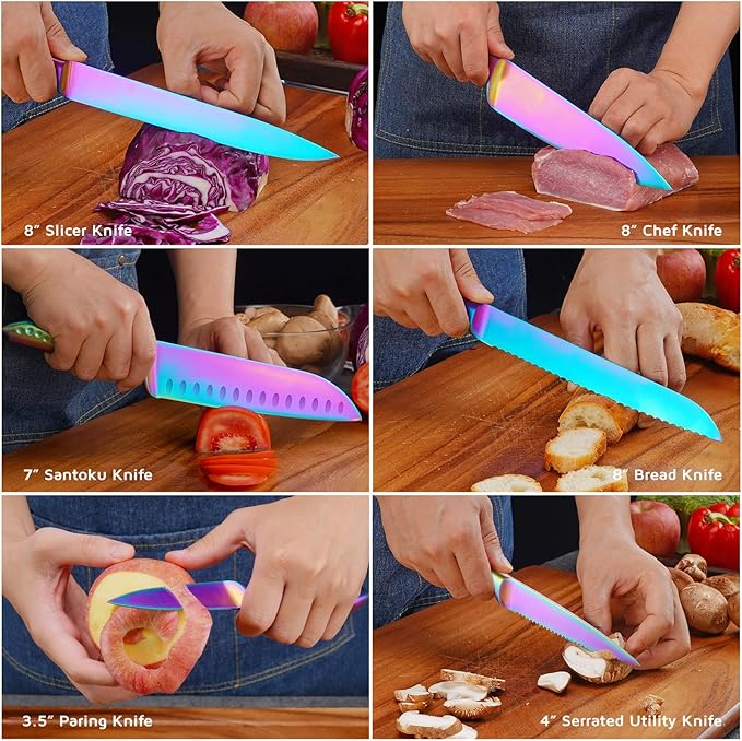WELLSTAR Rainbow Knife Set - 7-Piece Iridescent German High-Carbon Stainless Steel Kitchen Knives with Universal Knife Block, Colorful Kitchen Cutlery for Cooking and Food Prep