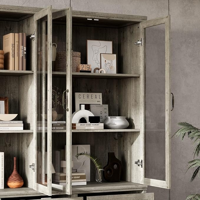 78.7" Tall Curio Display Cabinet for Collection, 3 Tier Bookshelf with 9 Drawers & 4 Tempered Glass Doors, Showcase Display Cabinets for Living Room with Adjustable Shelves, Antique Oak