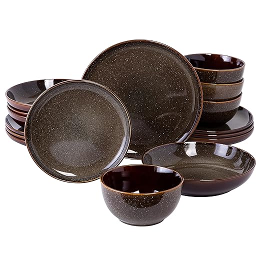 Gibson Elite Edwina 16-Piece Double Bowl Dinnerware Set, Service for 4 ??Dark Green Stoneware Plates and Bowls