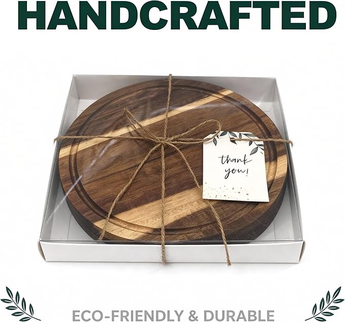 Garvee 3 Pack Mini Charcuterie Boards 7.7" Round Wood Cheese Board Set with Knife & Fork, Thank You Gift Box for Guest Bridal, Baby Shower - Acacia Wood