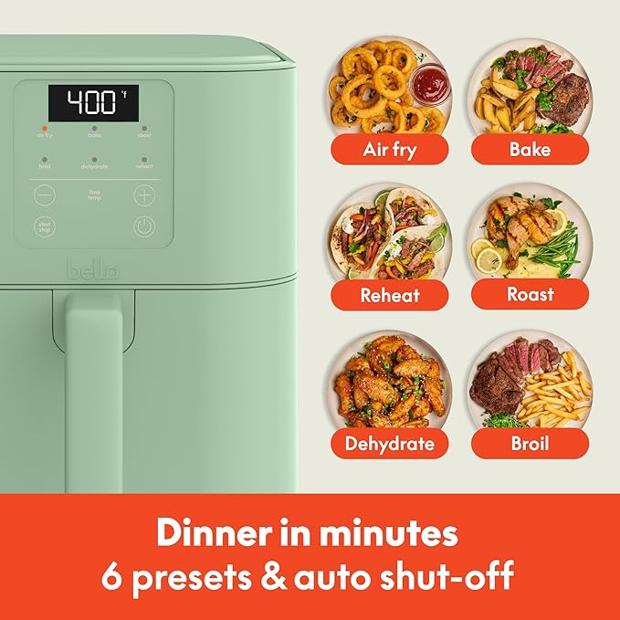 bella 6 Qt Slim Air Fryer, Fits-anywhere??Kitchenware, EverGood??Ceramic Nonstick Coating, Adjustable Temperature, 6 Preset Cooking Options, 60 Min Auto Shutoff w Audible Tone, 5lb Capacity, Seaglass