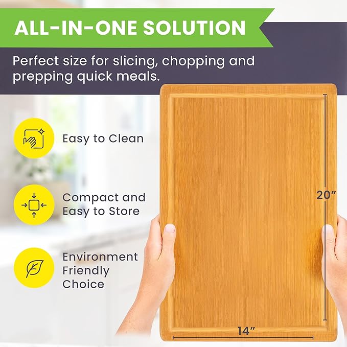 20 Inch Bamboo Wood Cutting Board Featuring Super-Sized Glue-Free Surface????Heavy Duty Butcher Block for Safe Meal Prep, Chopping & Carving with Lifetime Replacements - Rectangle