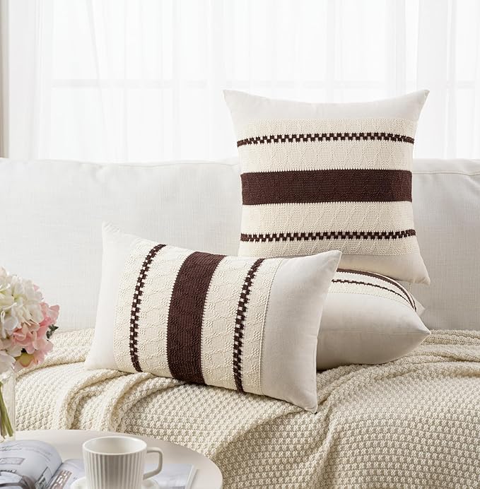 Fancy Homi Set of 2 Boho Brown Lumbar Decorative Throw Pillow Cover 12x20 Inch for Couch Bed Sofa Chair, Modern Organic Farmhouse Home Decor, Soft Cotton Cute Accent Rectangle Cushion Case