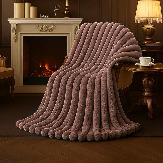 Am챕lie Home Faux Fur Throw Blanket for Couch, Cozy Fuzzy Fluffy Fur Luxurious Soft Striped Plush Gift Blankets for Family Sofa Chair Bedroom, 55"x70", Light Coffee