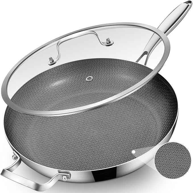 Inqibee 14.5-Inch Hybrid Ceramic Nonstick Tri-Ply Stainless Steel Frying Pan with Lid, Large Skillet,Induction Chef's Cooking Pan,Dishwasher and Oven Safe