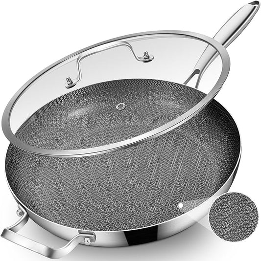 Inqibee 14.5-Inch Hybrid Ceramic Nonstick Tri-Ply Stainless Steel Frying Pan with Lid, Large Skillet,Induction Chef's Cooking Pan,Dishwasher and Oven Safe