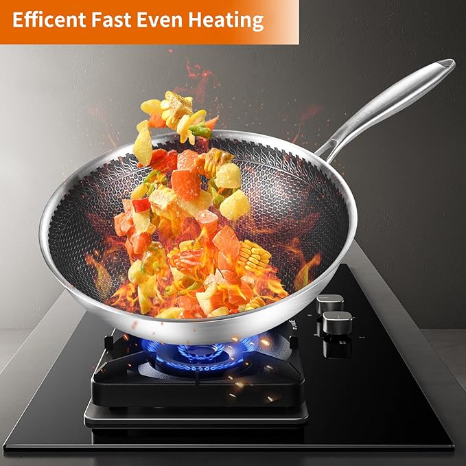DELARLO 12" Nonstick Wok Pan With Lid, Tri-Ply Stainless Steel Saute Pan with Lids, 600?? 5QT Deep Frying pan, Induction Wok Nonstick,Woks & Stir-Fry Pans
