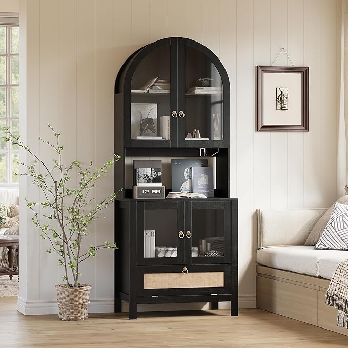 TYBOATLE 75'' Tall Arched Pantry Cabinet w/Accessible Storage Area, China Cabinet w/Anti-Tipping Device and Innovative Drawer, Versatile Cupboard for Kitchen, Dining (Black)