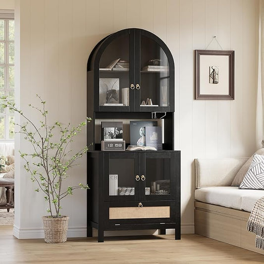 TYBOATLE 75'' Tall Arched Pantry Cabinet w/Accessible Storage Area, China Cabinet w/Anti-Tipping Device and Innovative Drawer, Versatile Cupboard for Kitchen, Dining (Black)