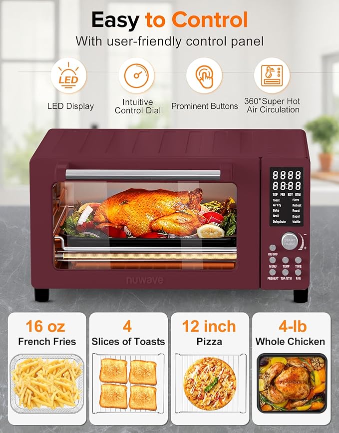 Nuwave Bravo Pro Smart Air Fryer Toaster Oven Combo, 10-in-1 Functions with Quicker & Even Crisp Technology, 1800W, 50-450째F, PFAS-Free, 21QT, Cinnamon