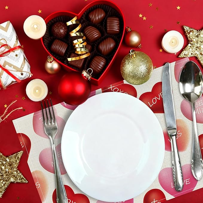 Valentine Placemats Set of 4, 12x18 Inch Be Mine Kiss XOXO Love Hearts Table Mats, Seasonal Anniversary Holiday Valentines Day Table Decorations for Kitchen Dining Home Party Decor