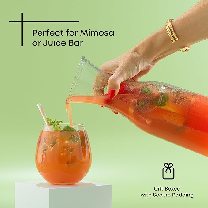 JoyJolt Glass Carafe with Lid, Set of 3 ??1 Liter Glass Pitcher for Mimosa Bar, Water, Iced Tea, Juice, Wine, Lemonade, Milk ??Dishwasher Safe Beverage Drink Dispensers for Brunch, Parties
