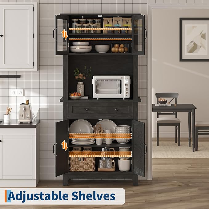 Elegant Black Modern Wood Pantry Coffee Cabinet with Ample Storage, Spacious 72" Tall Kitchen Bar Cabinet Hutch Featuring 4 Stylish Glass Doors & 1 Smooth Drawer, Versatile Stand-Alone Food Pantry