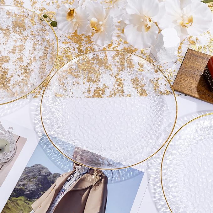 DaYammi 60PCS Clear Gold Plastic Plates Disposable Hammered Heavy Duty Platos Premium 10inch Dinner Plates Hard Plastic Platos Disposable for Party Wedding Bridal Shower