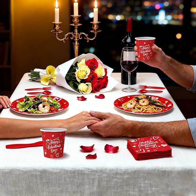 168 Pcs Valentine's Day Tableware Set - Serves 24, Heart & Love-Themed Disposable Paper Plates, Cups, Napkins, Forks, Spoons, Knives for Valentines Day Party, Wedding ,Bridal Shower,Holiday Gatherings