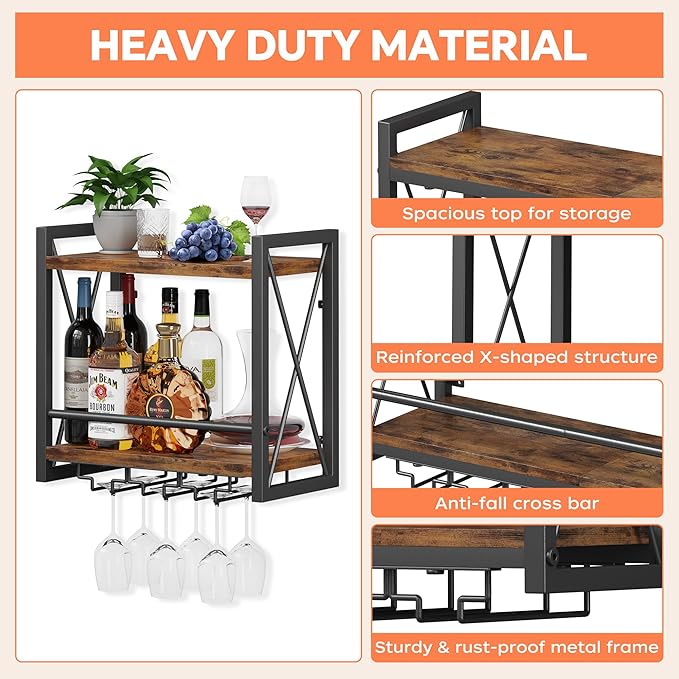 Homeiju Wall Mounted Wine Rack, Bottle & Glass Holder Wood-Metal Retro Wine Rack, Wine Bottles Display Wall Storage for Kitchen Dining Room Home Bar