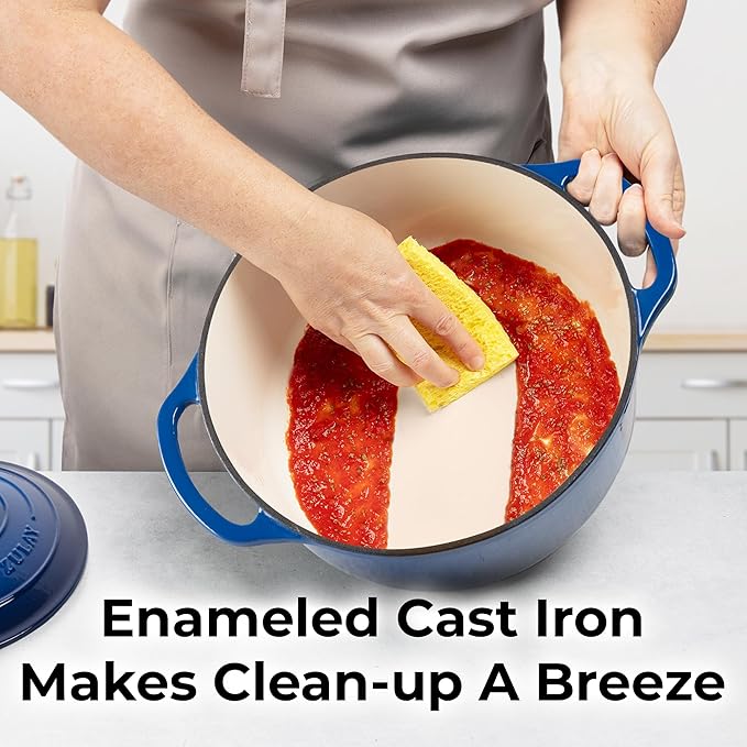 Zulay Kitchen 5 Quart Enameled Cast Iron Dutch Oven Pot with Lid ??Premium Durability & Oven Safe up to 500째F ??Heavy Duty Cookware Perfect for Bread Baking, Stews, Braising & Roasting ??Blue