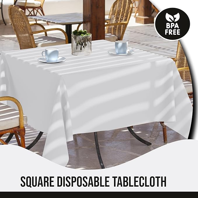 Party Solids 12-Pack White Square Plastic Disposable Tablecloth ??Size: 52 횞 52 Inches ??Square Table Cover for Parties, Picnics & Formal Events
