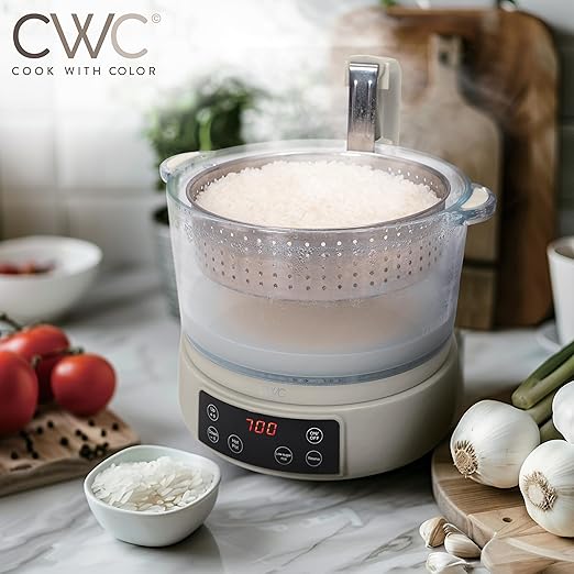 COOK WITH COLOR 3L Glass Mini Low Carb Rice Cooker ??Holds 2 Cups Raw/Makes 6 Cups Cooked with Auto Lift Filter Basket, Hotpot & Steamer for Rice, Grains, Digital Panel with Keep Warm, Greige