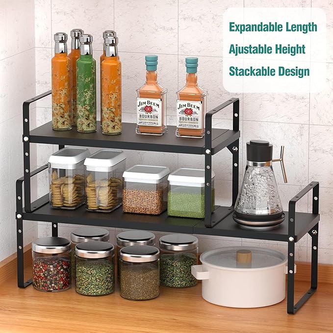 Expandable Cabinet Shelf Organizer Rack, Stackable Kitchen Counter Storage Shelves Stand, Adjustable Height Pantry Shelf Spice Rack, Heavy Duty Nonslip Black Large 3Pack