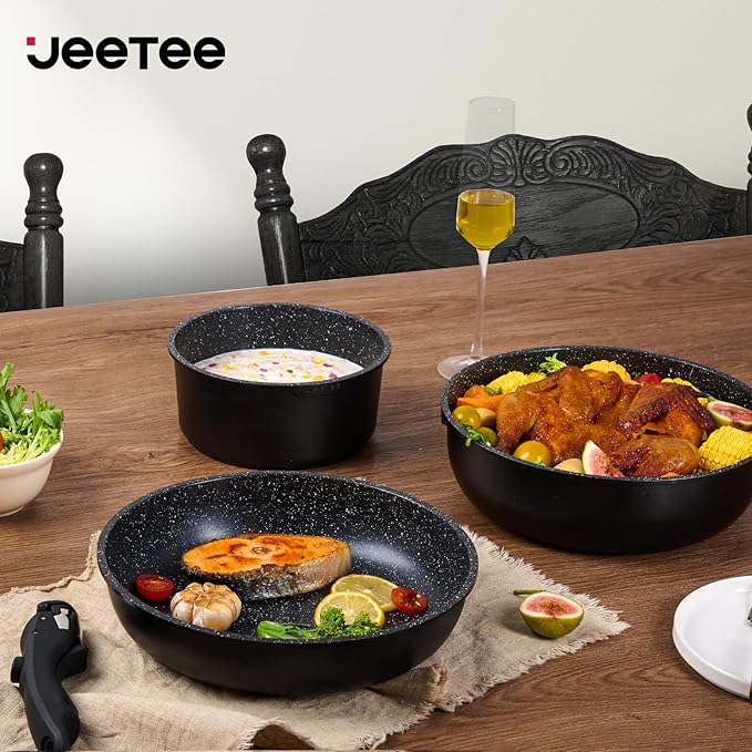 JEETEE 25pcs Pots and Pan Set Non Stick,Detachable Handle Cookware Set,Induction Cooking & RV Camping Stackable Pots Pans竊똇ealthy Kitchen Cookware Set PFAS/PFOA Free,Black