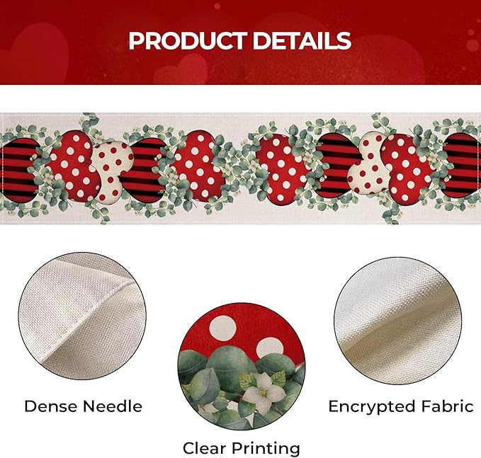 Valentines Day Table Runner 13x90 Inch, Eucalyptus Hearts Valentine Table Runner, Anniversary Home Kitchen Dining Table Holiday Party Decorations