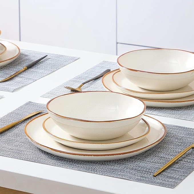 Bestone 12 Pieces Round Kitchen Dinnerware Sets竊똏lates and Bowls Sets,Dishes, Plates, Bowls, Dish Set, Chip Resistant Ceramic Dinnerware Set, Dishwasher/Microwave Safe,Service for 4,Pearl White