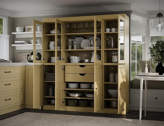 Palace Imports 100% Solid Wood Kitchen China Pantry Cabinet, 65" W - 4 Clear Glass & 4 Shaker Doors, Renewable Eco-Friendly Wood, Made in Brazil (Yellow, 8 China/Shaker Doors | 2 Drawers)