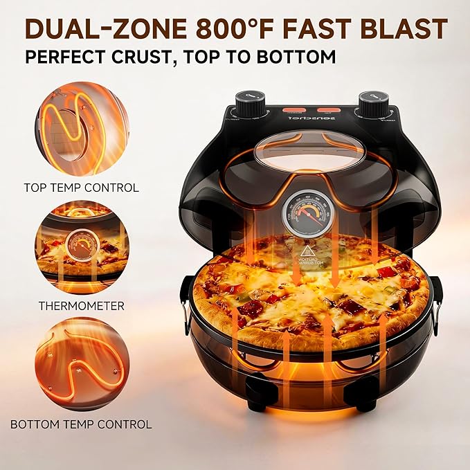 SENSCHEF 12-Inch CrustyBake Beginner's Black Glazed Stone Pizza Oven: Quick 800째F Heating, Easy-Clean Design, Recipe Book & All Tools Included - Perfect for First-Time Pizza Makers at Home